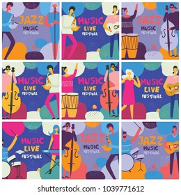 Colorful music festival posters in flat design with musicians playing music instruments