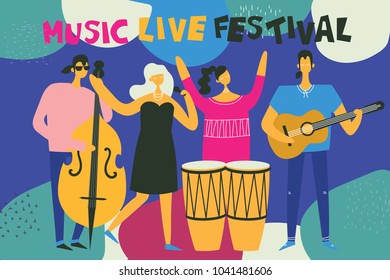 Colorful music festival posters in flat design with musicians playing music instruments
