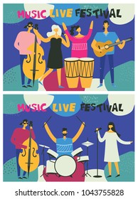 Colorful music festival posters in flat design with musicians playing music instruments
