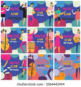 Colorful music festival posters in flat design with musicians playing music instruments