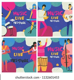 Colorful music festival posters in flat design with musicians playing music instruments