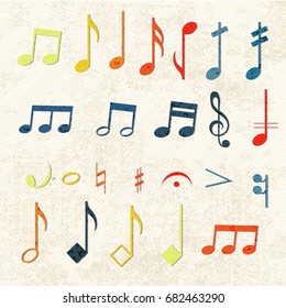Colorful music icon set with multicolored notes treble clef and attributes located in multiple lines on a light beige background vector illustration