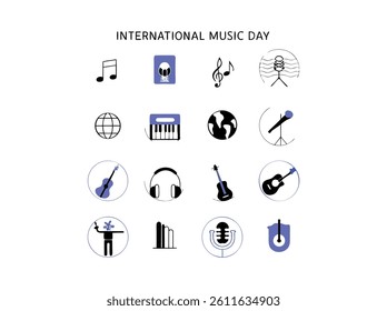 Colorful music icons for International Music Day. This set of simple line icons, ideal for websites, apps, or social media, features various music instruments and symbols. International Music Day.