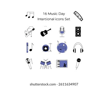 Colorful music icons for International Music Day. This set of simple line icons, ideal for websites, apps, or social media, features various music instruments and symbols. International Music Day.
