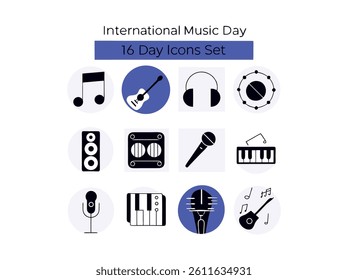 Colorful music icons for International Music Day. This set of simple line icons, ideal for websites, apps, or social media, features various music instruments and symbols. International Music Day.