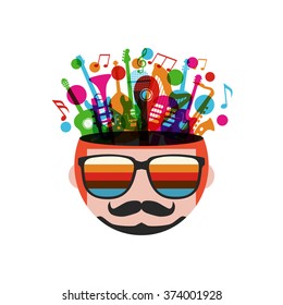 colorful music instrument in head, isolated on white background