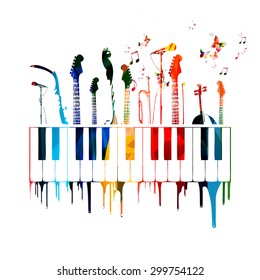 Colorful music instruments background with butterflies