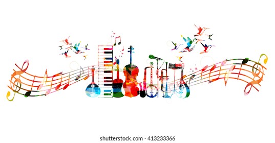 Colorful music instruments background with hummingbirds