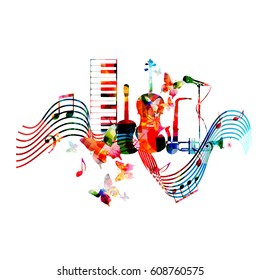 Colorful music instruments with music notes and butterflies isolated vector illustration. Music background. Piano keyboard, guitar, violoncello, trumpet, saxophone and microphone background