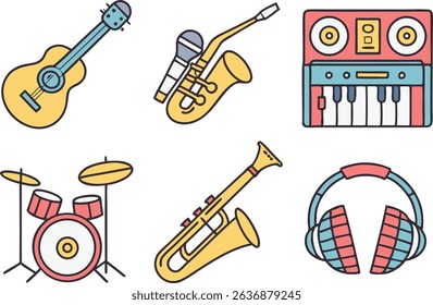 Colorful Music Instruments Set Illustrations Collection. Musical Instruments Illustration Pack in Colorful Style. Set of Colorful Music Instrument Illustrations for Design. Music and Instruments Icons