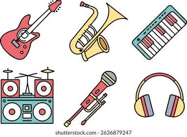 Colorful Music Instruments Set Illustrations Collection. Musical Instruments Illustration Pack in Colorful Style. Set of Colorful Music Instrument Illustrations for Design. Music and Instruments Icons