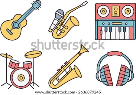 Colorful Music Instruments Set Illustrations Collection. Musical Instruments Illustration Pack in Colorful Style. Set of Colorful Music Instrument Illustrations for Design. Music and Instruments Icons