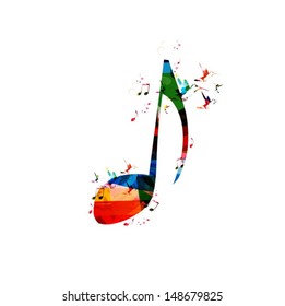 Colorful music note background with hummingbirds