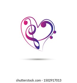 Colorful Music Note Heart - Treble & Bass Clef. Music notes. Abstract musical background. Black Abstract music notes on line wave background. 