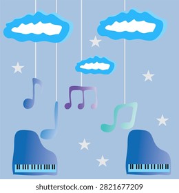Colorful music notes background in blue feat clouds