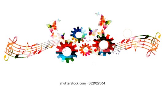 Colorful music notes background with gears. Creativity in music