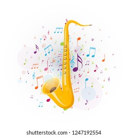 Colorful music notes background with saxophone