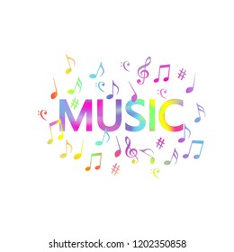 Colorful music notes banner vector illustration design. Music notes and g-clef with word music artistic poster