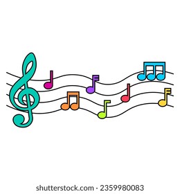 Colorful music notes with black outline, isolated on white background, vector illustration.