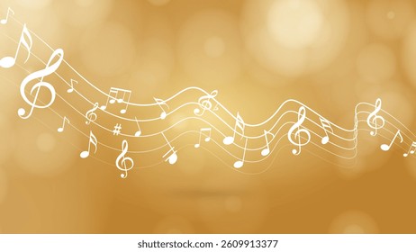 Colorful music notes with bokeh banner and poster design backdrop. Music notes background. Abstract Music Notes and Wavy Background.