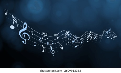Colorful music notes with bokeh banner and poster design backdrop. Music notes background. Abstract Music Notes and Wavy Background.