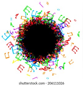 Colorful music notes border frame on white background 