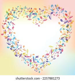 Colorful Music notes border frame. Multicolor vector Illustration background. Random colored music festival poster design template for social media.