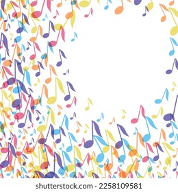 Colorful Music notes border frame. Multicolor vector Illustration background. Random colored music festival poster design template for social media.