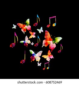 Colorful music notes and butterflies vector illustration. Music background for poster, brochure, banner, flyer, concert, music festival
