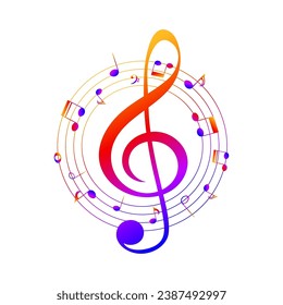 Farbige Musiknoten, Kreis mit Treppenkreuz, musikalische Vektorgrafik.