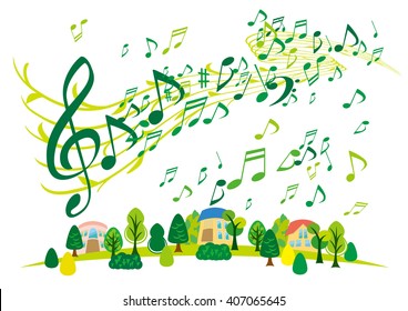 Colorful music notes and city
