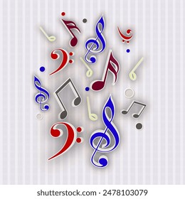 Colorful Music Notes Decorated on White Stripe Pattern Background.