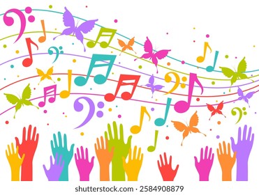 Colorful music notes, hands and butterfly. Bright colorful background for music, choir singing, concert, festival. Design with music notes, hands