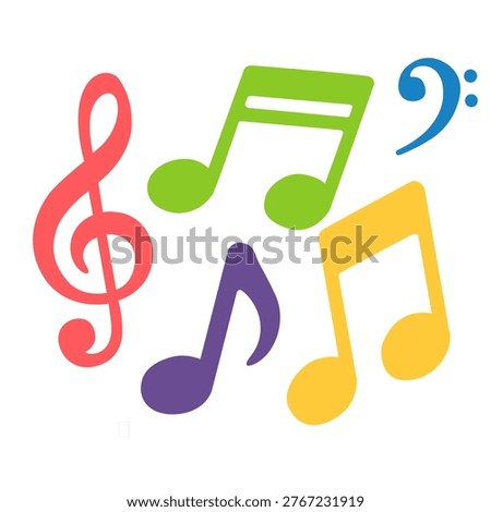Colorful music notes illustration icon with vibrant tones, perfect for audio, melody, and entertainment themes