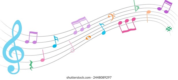 Colorful music notes, isolated vector illustration.