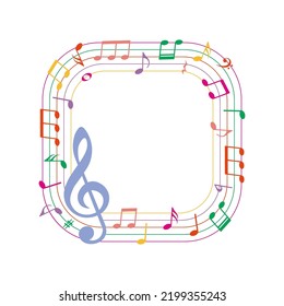 Colorful music notes, musical square frame with round angles, vector illustration.