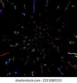 Colorida música apunta a la perspectiva, confetti sobre el fondo negro. Volando en cosmos con efecto de alta velocidad. Elemento de diseño. Ilustración vectorial.