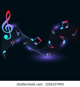 Colorful music notes with purple glow on dark background, isolated musical vector illustration.