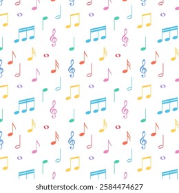 Colorful music notes seamless pattern.Repeat pattern with musical note isolated on white background.Vector graphic illustration.
