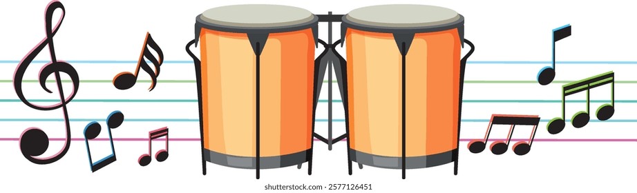 Colorful music notes surround two conga drums