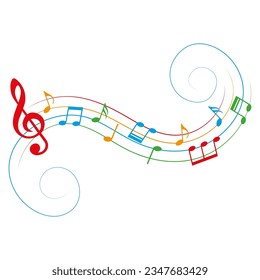 Colorful music notes with swirls, isolated on white background, vector illustration.