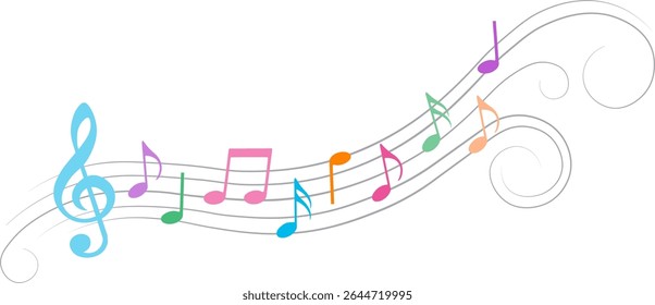 Colorful music notes with swirls, isolated vector illustration.