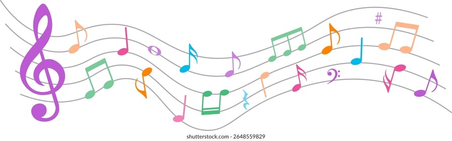 Colorful music notes with swirls, isolated vector illustration.