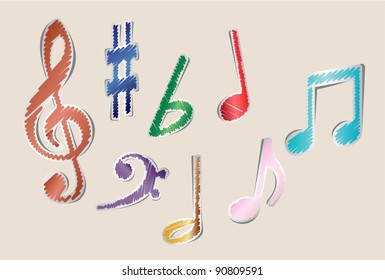 Colorful music notes and symbols, scribble effect