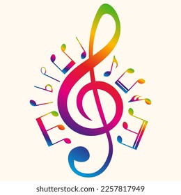 Colorful music notes, treble clef, musical symbols vector illustration.