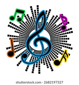 Colorful Music Notes and Treble Clef on Abstract Equalizer Background. Vector Illustration. Perfect for themes related to music, audio, concerts, parties, festivals.