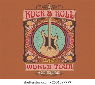 Colorful music poster design. Guitar music festival poster design. Rock and roll vector t-shirt design. Live forever. Music world tour artwork. Music slogan logo design. 