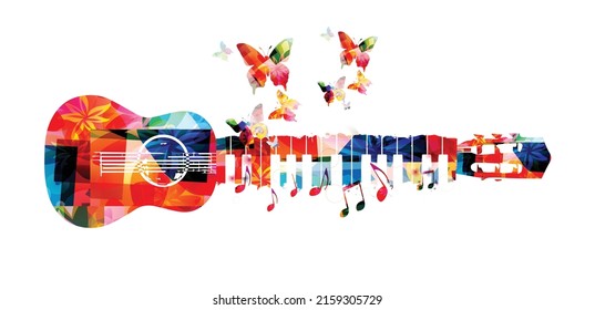 Colorful music poster with guitar and piano keyboard isolated vector illustration. Live concert events, music festivals and shows creative background, party flyer invitation with butterflies and notes