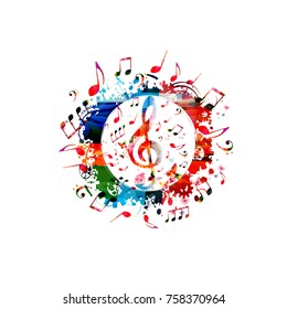 Colorful music poster with music notes. Music elements banner for card, poster, invitation. Colorful G-clef. Music background design vector illustration