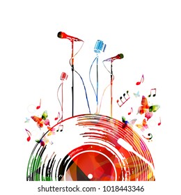 Colorful music poster with vinyl record and microphones. Music elements for card, poster, concert invitation. Music notes background design vector illustration